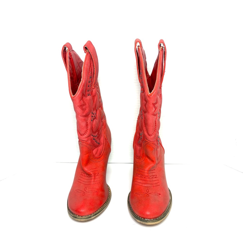 Very Volatile Red Cowgirl Boots Distressed Western Coastal Cowgirl Vegan Size 7 - Picture 4 of 12
